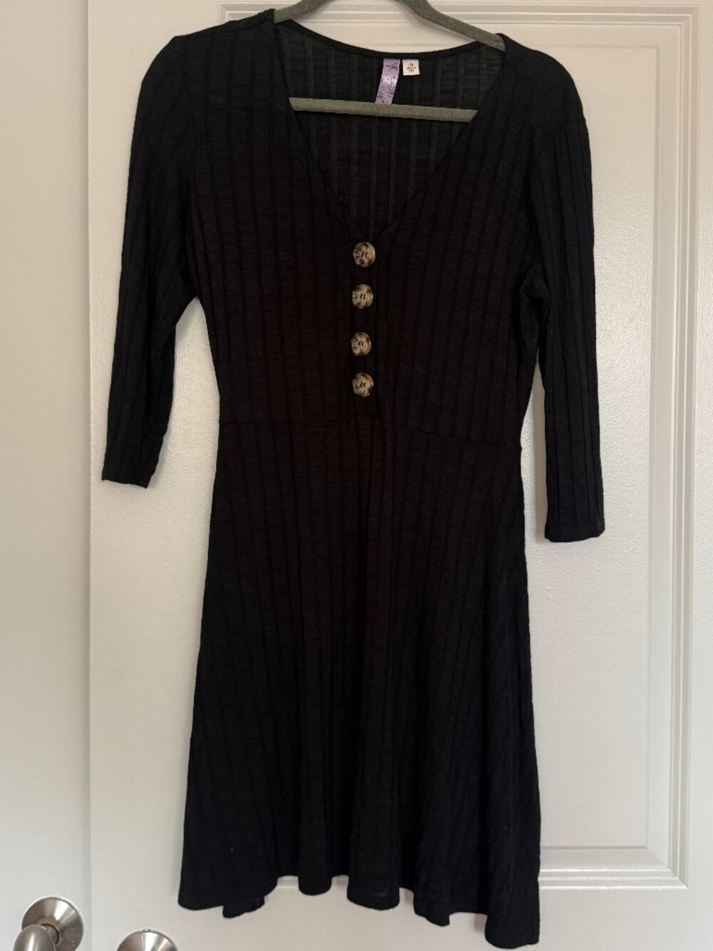 Alga Black Ribbed Long Sleeve Button Front Midi Dress Size M